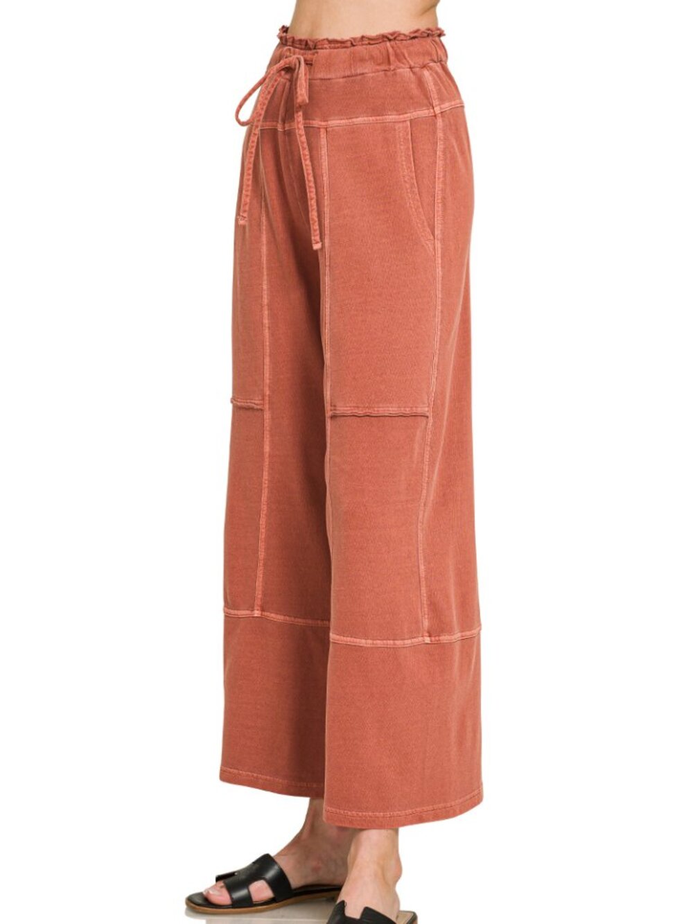 French Terry Washed Exposed-Seam Wide Leg Pants in Rust - Picture 2 of 2